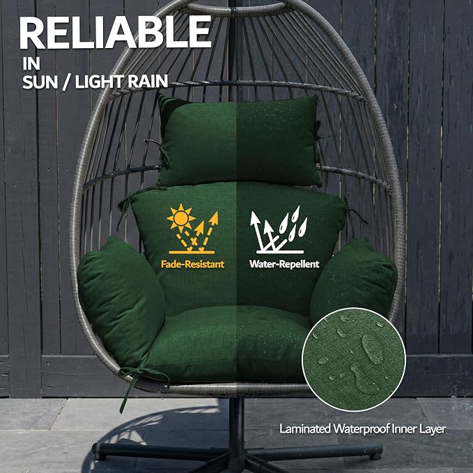Egg Chair Cushion with 8 Securing Straps, Water-Repellent & Fade-Resistant Faux Linen, Removable Cover, Replacement Cushion for Most Single Outdoor Hanging Swing Egg Chairs – Olive Green
