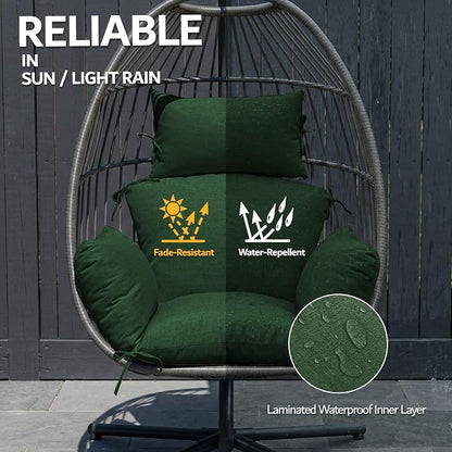 Egg Chair Cushion with 8 Securing Straps, Water-Repellent & Fade-Resistant Faux Linen, Removable Cover, Replacement Cushion for Most Single Outdoor Hanging Swing Egg Chairs – Olive Green