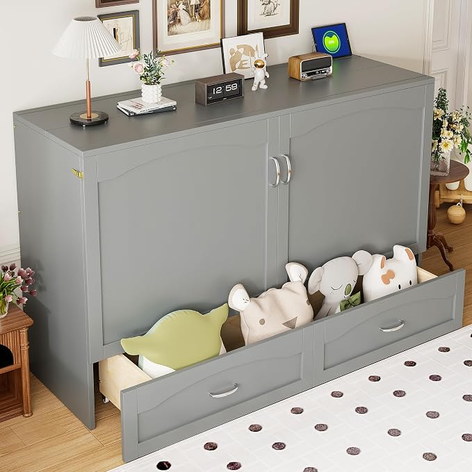 Ball & Cast Wall Bed Queen Size Murphy Beds with Drawer and a Set of Sockets,Multi-Functional Hideaway Cabinet w/USB Ports,Pulley Structure Design,Space Saving for Bedroom,Apartment,Studio,Gray
