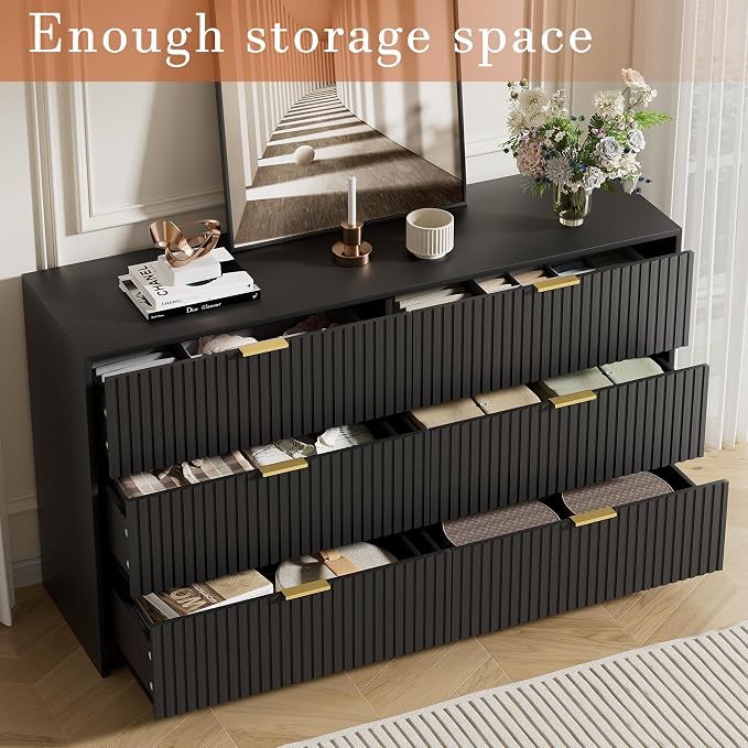 Furniway Black Dresser for Bedroom, Modern Dresser with 6 Drawers and Smooth Slides, Wide Chest of Drawers with Golden Handles for Bedroom, Living Room, Closet, 15.7" D x 55.1" W x 31.4" H