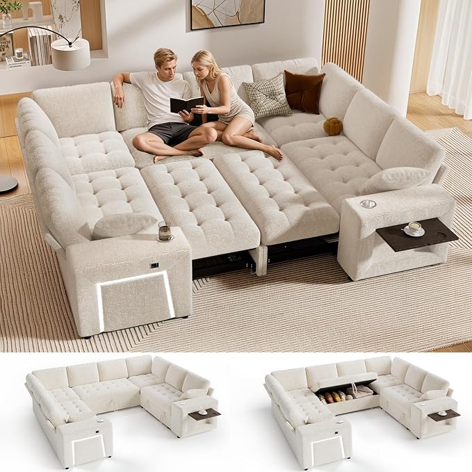 Vipbear 111" Modular Sectional Sleeper Sofa with Pull Out Bed, 8 Seat Chenille U Shaped Couch with 2 Pull-Out Beds|USB Ports|Cup Holders|Side Table|LED Light, Tool Free Assembly, Beige