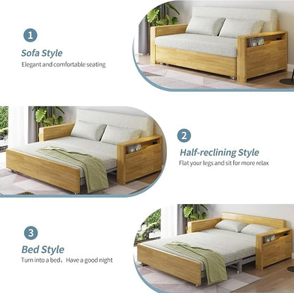 59" 3 in 1 Convertible Sleeper Sofa with Storage, Grey Soft Cushion Sectional Couch, Reversible Chaise, Solid Wood Log Color Frame Pull-Out Bed for Living Room, Apartment, Office