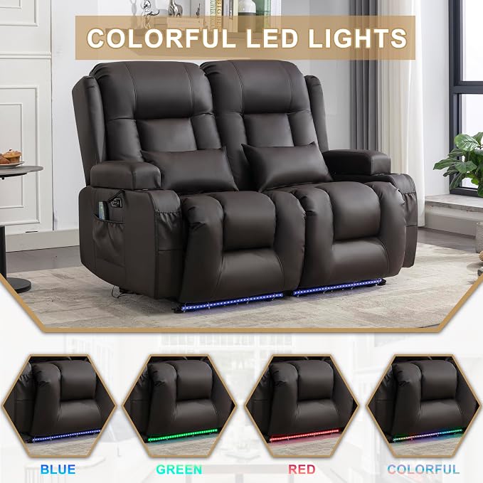 URRED Power Loveseat Recliner Sofa with Massage and Heat, Wall Hugger Reclining Loveseat, RV Couch Home Theater Seating with LED Lights for Living Room (Dark Brown, 54" - 2 Seats)