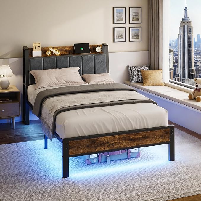 Liians Twin Size Bed Frame with Wood Storage Headboard and USB Charging Station, Smart LED Lights, Metal Platform Bed Frames Easy Assembly, Noise Free, No Box Spring Needed