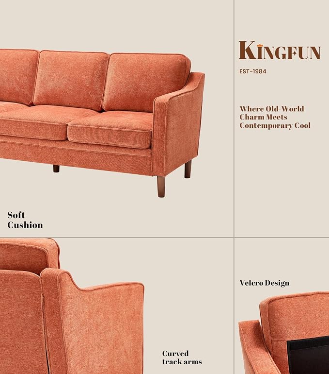 Kingfun 80" Chenille Sofa, 3 Seater Couch, Mid Century Modern Couches with Solid Wood Legs for Living Room Bedroom