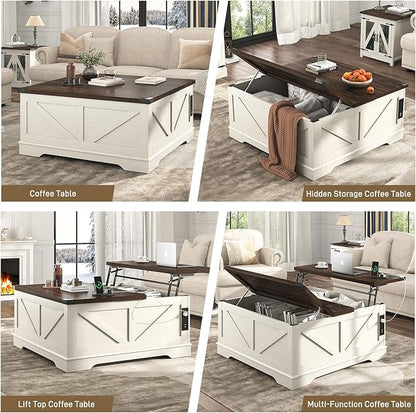 Hlivelood 40” Large Farmhouse Lift Top Coffee Table with Power Outlets and Large Hidden Storage, Square Wood Living Room Tables, Multi-Function Lift Wooden Barn Door Center Table, Rustic White