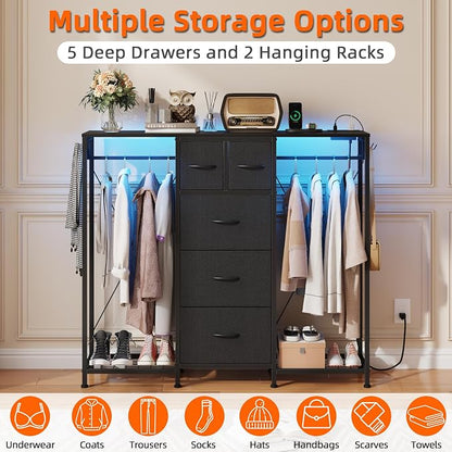 HIGDBFE 5-Drawer Dresser with 2 Hanging Racks, Black, 49.2" W | LED Lights&Charging Station, Hooks, Wooden Top, Fabric Drawer, Dresser TV Stand for Bedroom, Dorm