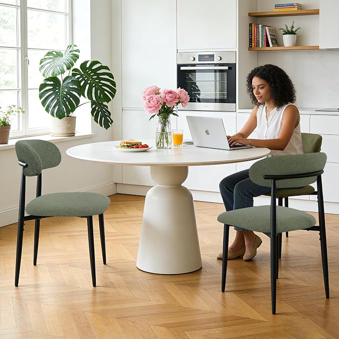 FREKEN Modern Upholstered Dining Chairs Set of 2, Mid-Century Metal Frame Linen Fabric Side Chair for Kitchen Dining Room, 350lbs Capacity, Green