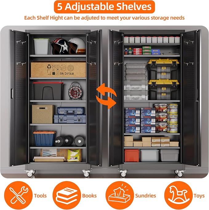 SUXXAN Metal Storage Cabinet with Wheels and Pegboard, 71" Tall Industrial Heavy Duty Steel Cabinet with 5 Adjustable Shelves & Locking Doors for Garage, Office, Pantry, Warehouse, Black
