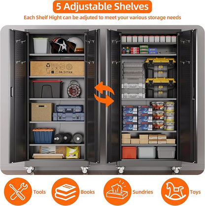 SUXXAN Metal Storage Cabinet with Wheels and Pegboard, 71" Tall Industrial Heavy Duty Steel Cabinet with 5 Adjustable Shelves & Locking Doors for Garage, Office, Pantry, Warehouse, Black