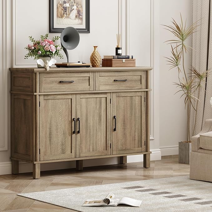 ONBRILL 48 Inch Buffet Cabinet with Storage, Farmhouse Sideboard Buffet w/2 Drawers and 3 Doors, Coffee Bar Cabinet with Adjustable Shelves, Sideboard Storage for Kitchen, Living Room, Washed Grey