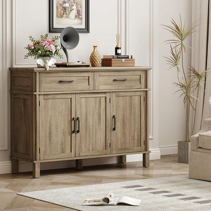 ONBRILL 48 Inch Buffet Cabinet with Storage, Farmhouse Sideboard Buffet w/2 Drawers and 3 Doors, Coffee Bar Cabinet with Adjustable Shelves, Sideboard Storage for Kitchen, Living Room, Washed Grey