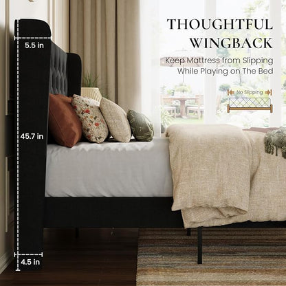 SHA CERLIN Full Size Platform Bed Frame with Upholstered Headboard and Wingback, Button Tufted Design, Easy Assembly, No Box Spring Needed, Black