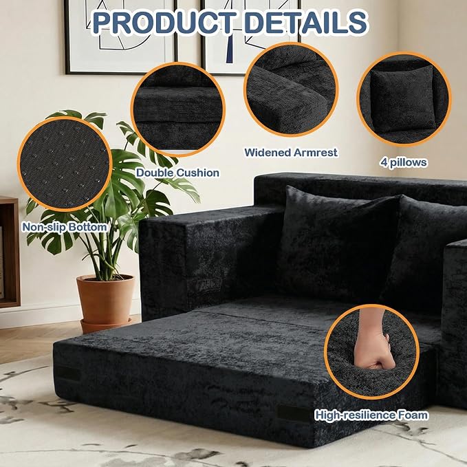 Boneless Loveseat Sleeper Sofa Bed, 3-in-1 Convertible Sofa Bed and Floor Futon Couch (Velvet-Black, Loveseat (55"))