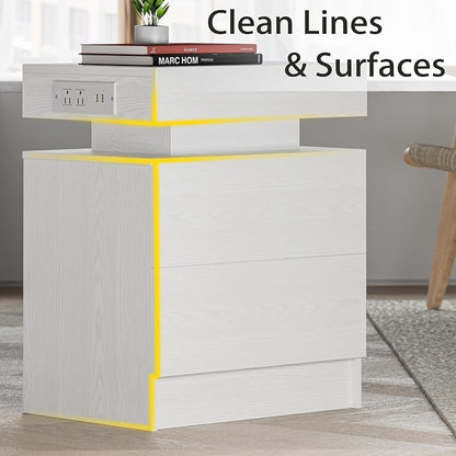 LIKIMIO Nightstand with Charging Station LED Light and 2 Drawers White | bedside table; end table; charging station; LED light; 2 drawers; White wood grain; small spaces