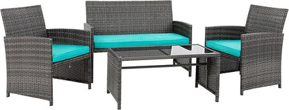 4 Piece Patio Ratten Set Outdoor Furniture Set Wicker Conversation Sets with Cushions and Tempered Glass Tabletop,Blue