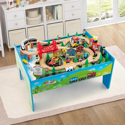 Costzon Train Table, 80 Pcs, Wooden Kids Activity Table Playset with Reversible & Detachable Tabletop, Solid Wood Tracks, Train, Railway, City, DIY Design, Gift for Boys & Girls, Multi-Color