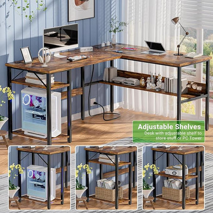 Unikito L Shaped Computer Desk with Magic Power Outlets and USB Charging Port, Sturdy Reversible Corner Desk with Storage Shelves, Modern Work Desk for Home Office, Easy to Assemble, Rustic Brown