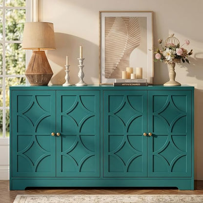 RoyalCraft Sideboard Buffet Cabinet with Storage, 56" Modern Sideboard with 4 Carved Doors, Large Wood Coffee Bar Console Table for Kitchen, Dining Room, Entryway, Living Room, Turquoise Blue