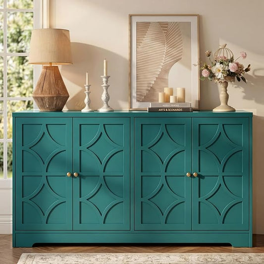 RoyalCraft Sideboard Buffet Cabinet with Storage, 56" Modern Sideboard with 4 Carved Doors, Large Wood Coffee Bar Console Table for Kitchen, Dining Room, Entryway, Living Room, Turquoise Blue