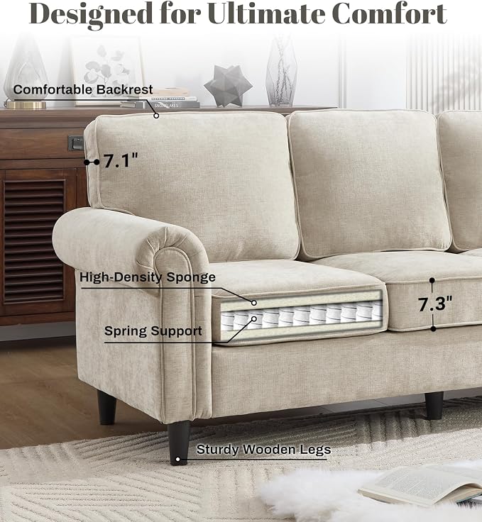 Kingfun 3 Seater Couch, Mid Century Modern Sofa Set with Rolled Arms and Deep Seats, Fluffy Comfort for Living Room, Apartment, Easy Assembly, Khaki