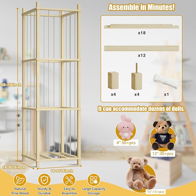 Solid Pine Stuffed Animal Storage, 56" Large Wooden Toy Organizer Tower | 100% solid pine, extra-wide & high open design. Whole rope hand-polished. Holds large plush toys for kids playroom bedroom