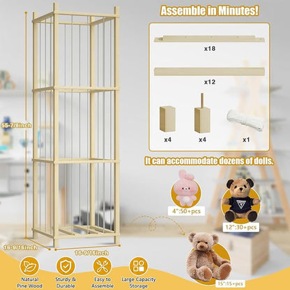 Solid Pine Stuffed Animal Storage, 56" Large Wooden Toy Organizer Tower | 100% solid pine, extra-wide & high open design. Whole rope hand-polished. Holds large plush toys for kids playroom bedroom