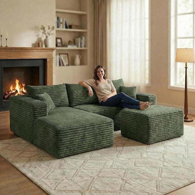 25.6 inch Plush Corduroy Ottoman, Modular Sectional Foot Rest for Living Room, Upholstered Cloud Ottoman for Boneless Couch in a Box, Compressed Memory Foam, No Assembly Require, Green