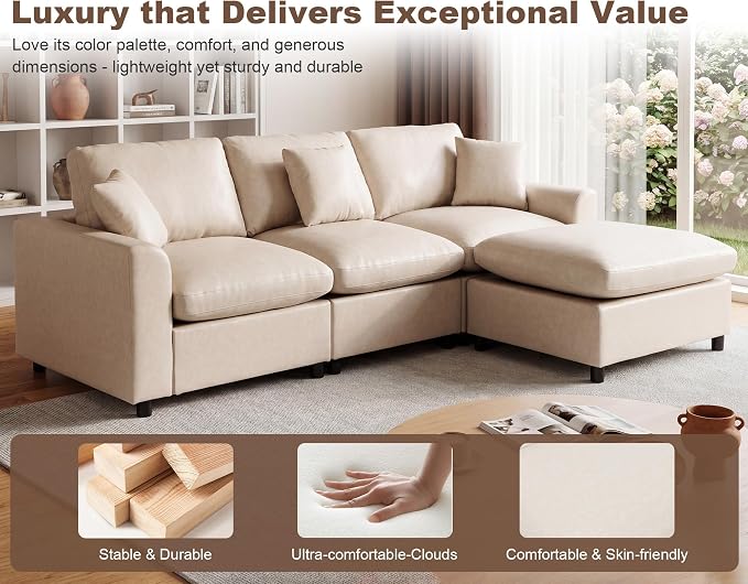 100" Faux Leather Modular Sectional Sofa for Living Room, Oversized 3 Seater L Shaped Cloud Couch with Ottoman, Extra Large Deep Seat, Pet-Friendly, Easy to Clean, Beige