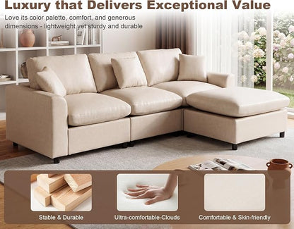 100" Faux Leather Modular Sectional Sofa for Living Room, Oversized 3 Seater L Shaped Cloud Couch with Ottoman, Extra Large Deep Seat, Pet-Friendly, Easy to Clean, Beige