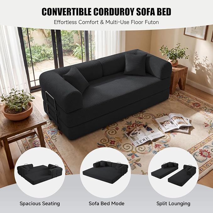 79" Convertible Sleeper Sofa Bed, Corduroy Boneless Fold-Out Couch in a Box, 4-in-1 Loveseat/Futon Couch, High-Density Foam, No Assembly, Side Pockets, 2 Pillows for Small Spaces, Black