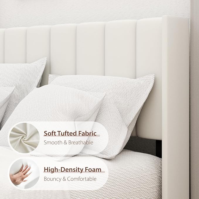 Sismplly Queen Size Bed Frame and Headboard,Vertical Channel Tufted Wingback No Box Spring Needed, Mattress Foundation, Easy Assembly White