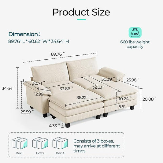 LINSY HOME 90'' Modular Sectional Sofa 2 Seat Couch Corduroy Cloud Couch with Deep Seat, Modern Cloud Couch with 2 Movable Ottoman for Living Room, Office, Bedroom, Beige