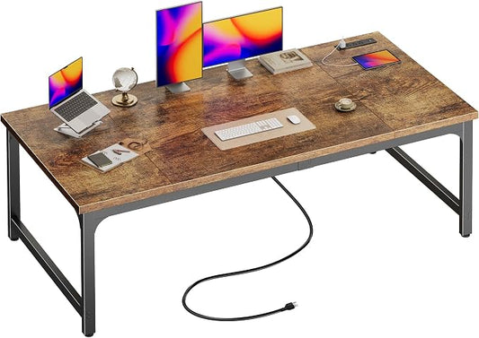 Huuger 63 x 31.5 inch Desk with Power Outlets & USB-C, 0.95 Inch Thicker Desktop, Robust Metal Tubes, Deep Computer Desk, Heavy Duty Office Desk, for Home Office, Rustic Brown