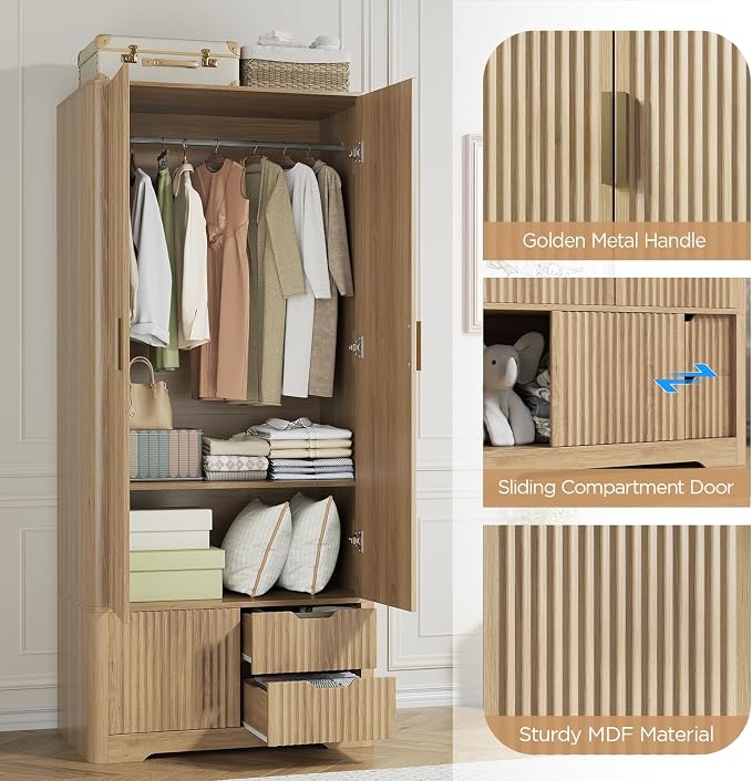 Vabches 71” Fluted Armoire Wardrobe Closet with 2 Doors and Drawers Tall Wooden Wardrobe Cabinet with Large Storage, Hanging Rod, 2 Shelves, Golden Metal Handle