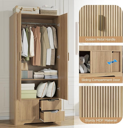 Vabches 71” Fluted Armoire Wardrobe Closet with 2 Doors and Drawers Tall Wooden Wardrobe Cabinet with Large Storage, Hanging Rod, 2 Shelves, Golden Metal Handle