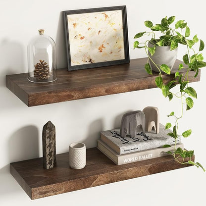 Floating Shelves for Wall Decor, 8" Deep Solid Elm Wood Floating Shelves Wall Mounted, Rustic Wall Shelves with Invisible Bracket for Living Room Bathroom Bedroom Kitchen, 24 Inch Set of 2, Walnut