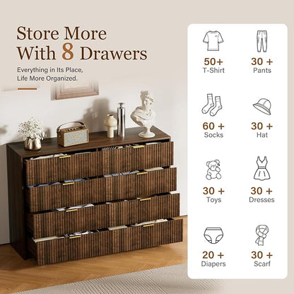 Furniway Walnut Dresser for Bedroom, Modern Dresser with 8 Drawers and Smooth Slides, Wide Chest of Drawers with Golden Handles for Bedroom, Closet, 15.7" D x 55" W x 37.4" H