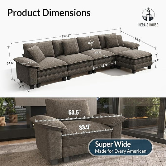 HERA'S HOUSE 158" Oversized Modular Sectional Sofa, Comfy L Shaped Couches for Living Room, Cloud Couch with Ottoman, 5-Seater Deep Seat Sofa with Throw Pillow, Chenille Ash