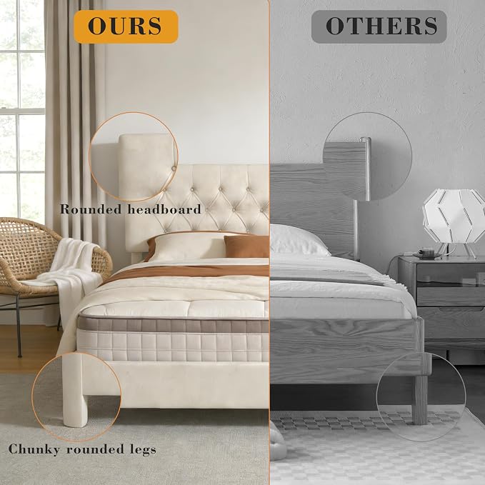 King Size Bed Frame with Headboard, Luxury Velvet Fabric Upholstered Bed frame with Button Tufted Design, Strong Wooden Slats Support - Low & Sturdy, Noise-Free, No Box Spring, Easy Assembly, Beige | Plush velvet