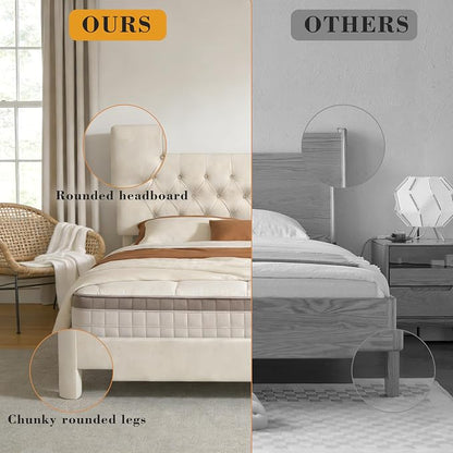 King Size Bed Frame with Headboard, Luxury Velvet Fabric Upholstered Bed frame with Button Tufted Design, Strong Wooden Slats Support - Low & Sturdy, Noise-Free, No Box Spring, Easy Assembly, Beige | Plush velvet