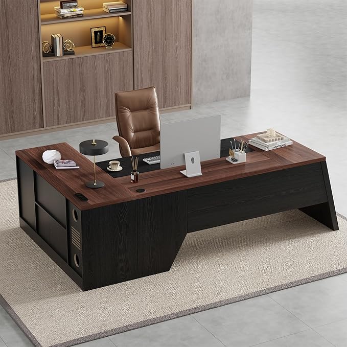 Epecoya L-Shaped Executive Desk with Drawer, 78-Inch Large Home Office Desk with Cord Hold and Power Outlet, Modern Computer Table with Lateral File Cabinet,Open Shelf and PC Stand, Walnut Brown Black