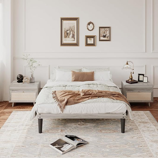 Yumori 12.9 Inch Minimalist Style Full Size Bed Frame, Wood Platform Bed with Wood Slat Support, No Box Spring Needed, Easy Assembly, Grey