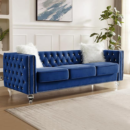 83" Chesterfield Sofa, Velvet Mid-Century Modern Upholstered Couch with 2 Throw Pillows and Acrylic Legs, Nailhead Button Tufted Vintage Sofa for Living Room, Apartment, Office, Blue
