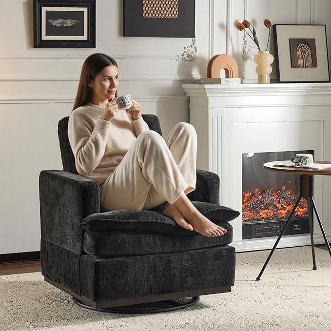 VINGLI 360° Swivel Accent Chair with Double-Layer Seat Cushions, Comfy Single Square Sofa Armchair, Upholstered Club Chair for Living Room,Bedroom, Reading Room, Chenille Black