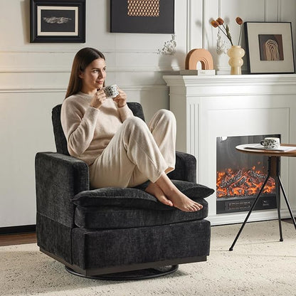 VINGLI 360° Swivel Accent Chair with Double-Layer Seat Cushions, Comfy Single Square Sofa Armchair, Upholstered Club Chair for Living Room,Bedroom, Reading Room, Chenille Black