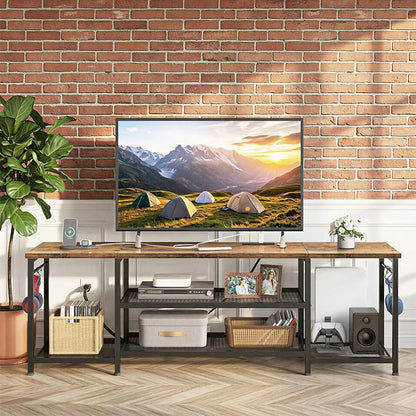YGEOMER TV Stand for Up to 75 Inch TVs, Entertainment Center with Power Outlet and Open Storage Shelves, TV Media Console Table for Living Room and Bedroom, Rustic Brown