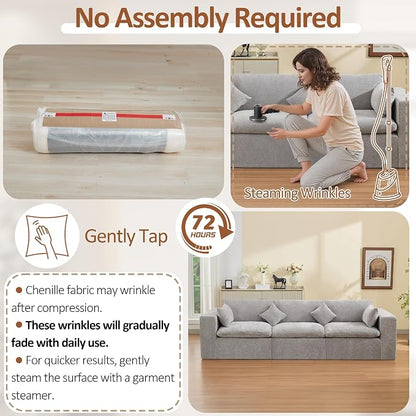 115''Cloud Boneless Sectional Couch, Modular Sectional Sofa Deep Seat, Oversized Upholstered Convertible Comfy 3 Seater Chenille Memory Foam Sofa Couches for Living Room, Light Grey