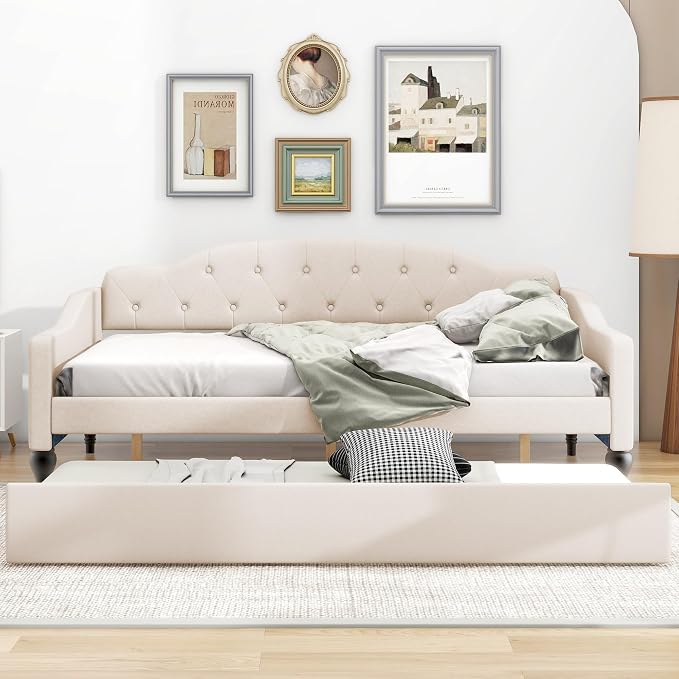 Merax Daybed with Trundle, Full Size Solid Wood Sofa Bed Frame, Upholstered Tufted Daybed for Living Room, Bedroom and Guest Room, Beige