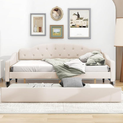 Merax Daybed with Trundle, Full Size Solid Wood Sofa Bed Frame, Upholstered Tufted Daybed for Living Room, Bedroom and Guest Room, Beige
